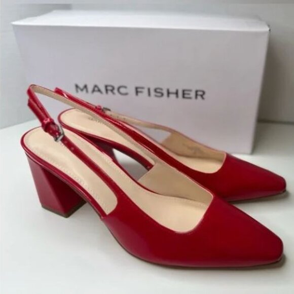 NWT Marc Fisher Leanea Slingback Red Glossy Faux-patent Leather Pump Block Heel - Picture 9 of 15